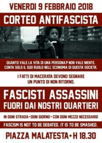 VENERDI' 9 FEBBRAIO 2018 ORE 18,30 - CORTEO ANTIFASCISTA